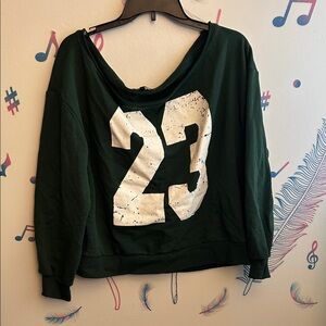 Fashion Nova Dark Green Graphic '23' Off-Shoulder Sweatshirt